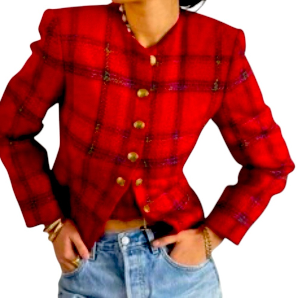 Ellen Tracy Vintage Wool Blend Jacket Red Plaid Chained Link Retro Buttons, 8